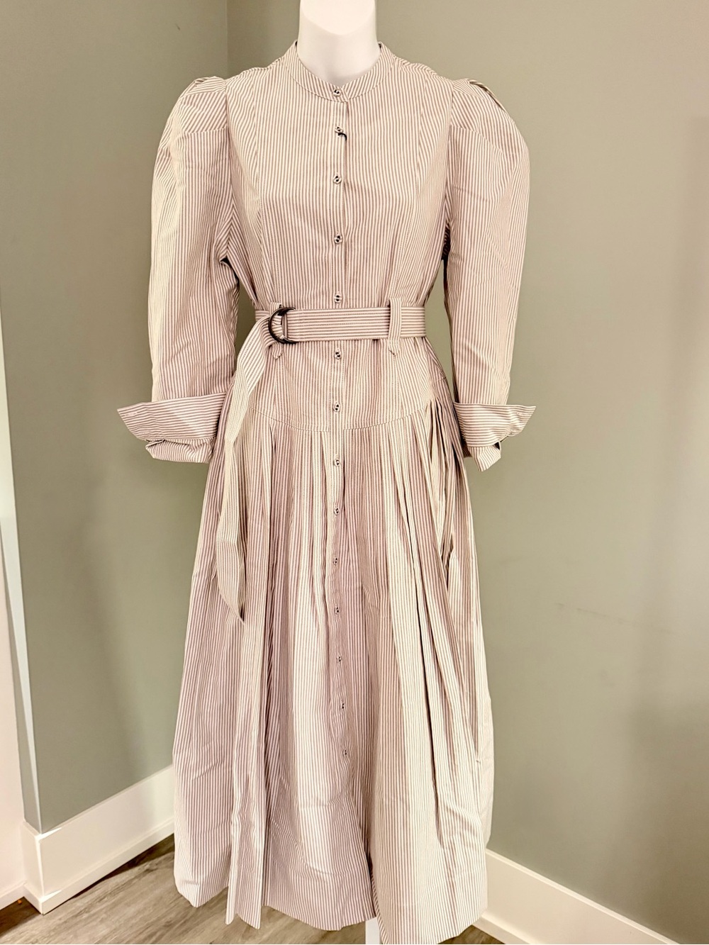 MOUSSY Denim Beautiful Taupe & White Stripe Belted Pleated Maxi Dress Sz S NWT